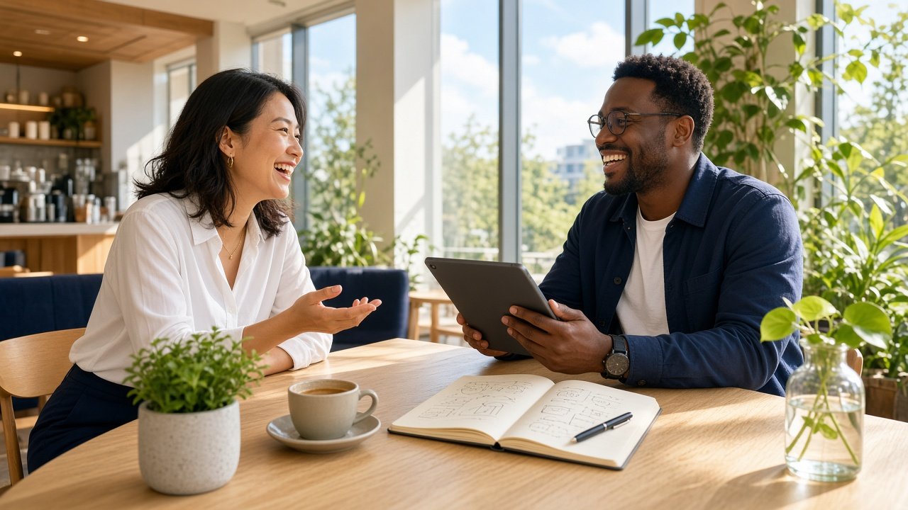 Operators laughing through a sunny consultation over coffee and a tablet