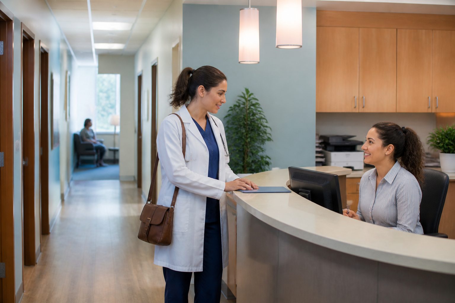 Healthcare clinic team at a reception desk