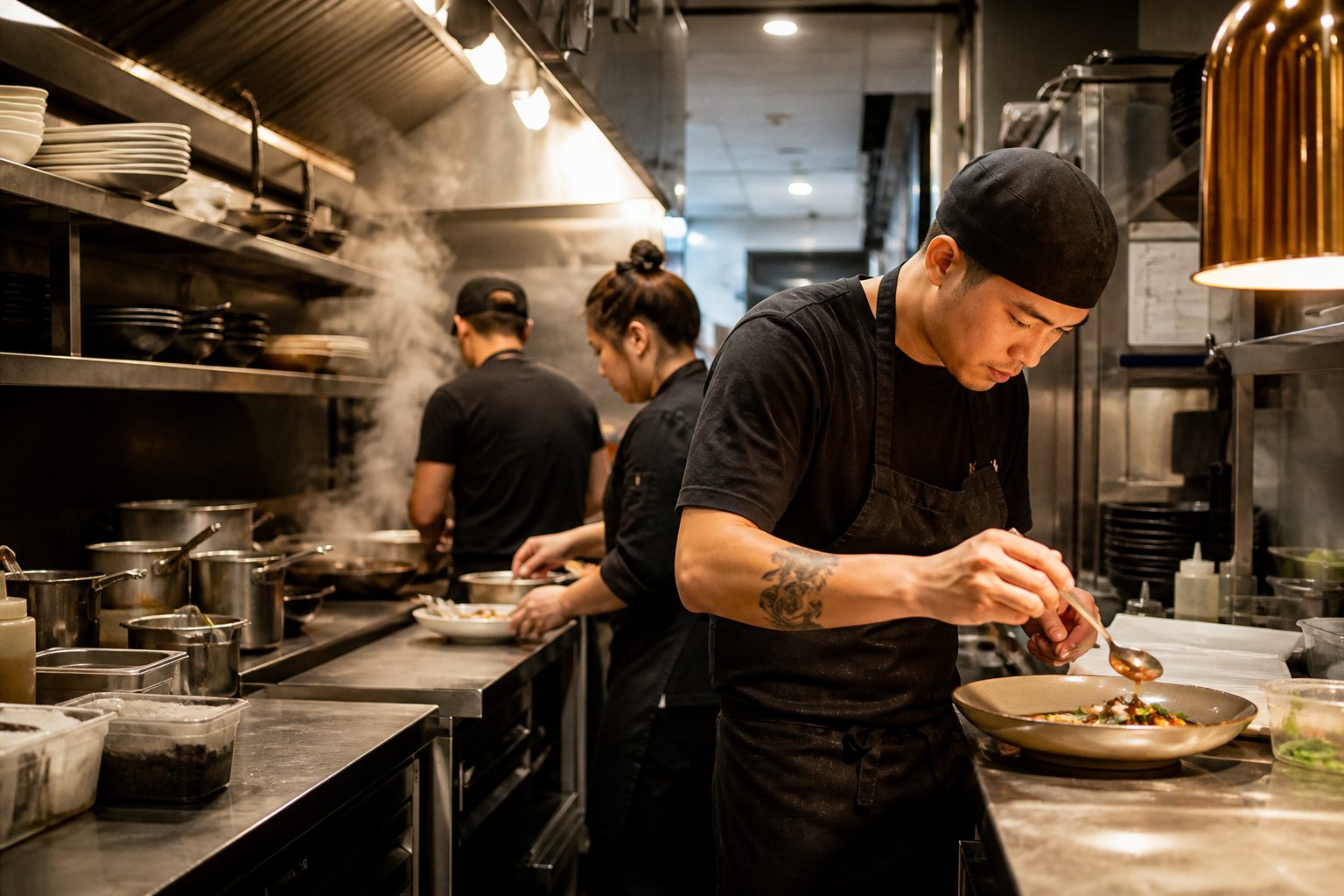 Restaurant kitchen line during service