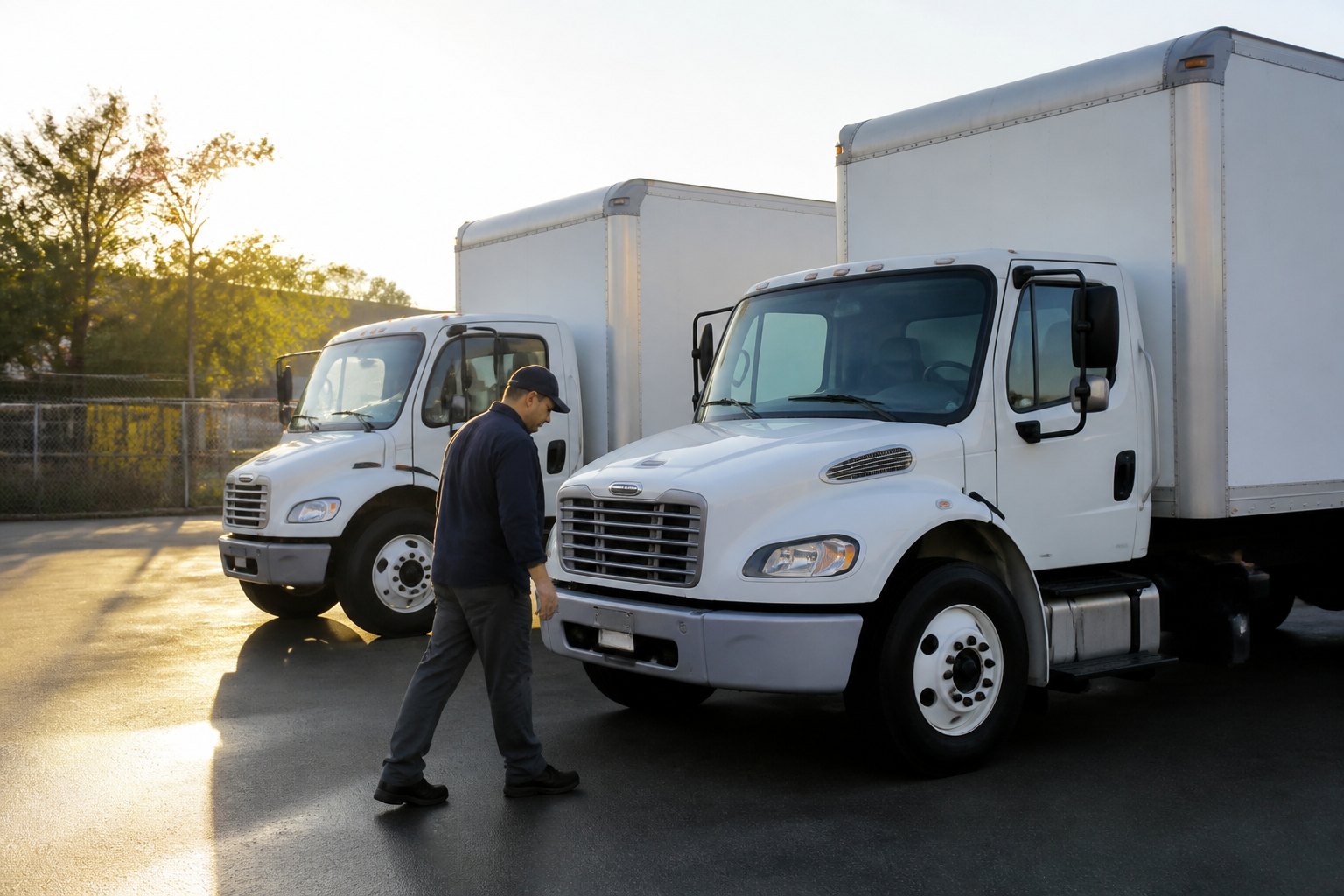Commercial fleet trucks ready for routes