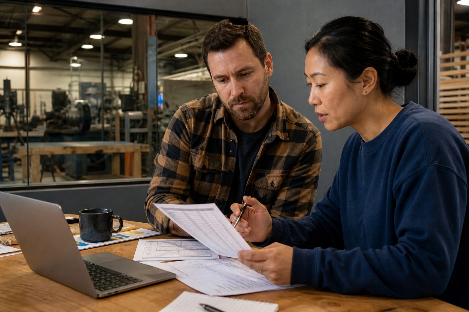 Owner reviewing working capital at a shop desk